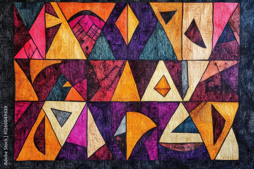 Poster colorful quilt featuring geometric patterns displayed in a bright setting during daytime