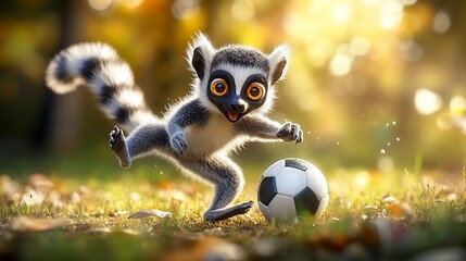 Fototapeta premium Adorable ring-tailed lemur kicking a soccer ball in a sunny autumn forest.