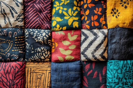 Beautifully crafted textile patchwork showcasing vibrant patterns and rich colors, perfect for design inspiration and decor ideas