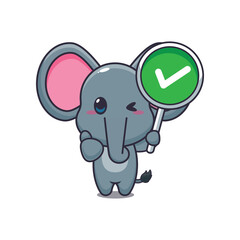 Cute elephant with correct sign cartoon vector illustration
