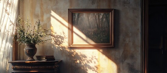 Framed artwork on rustic wall bathed in warm sunlight with delicate shadows, floral arrangement on wooden table enhancing cozy ambiance.