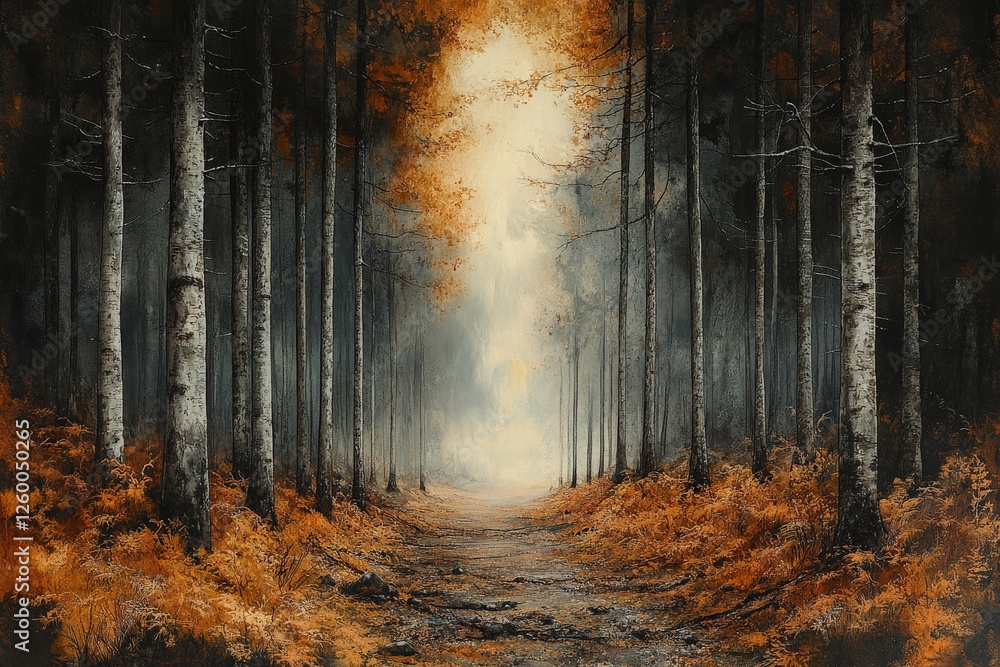 Poster mystical forest path illuminated by soft light in autumn with vibrant orange foliage and tall trees