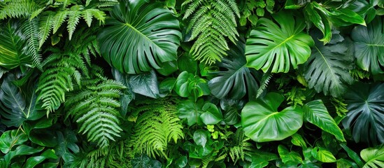Fototapeta premium Lush green tropical foliage backdrop showcasing a variety of ferns and broad leaves with intricate textures arranged harmoniously in a dense composition