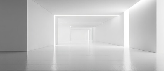 Fototapeta premium Modern minimalist interior with white walls and soft lighting creating a spacious effect, long perspective view showcasing depth and simplicity.