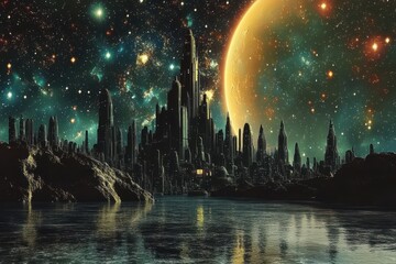 Futuristic cityscape sits beside water under a celestial glowing planet