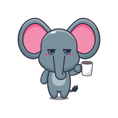 Cute elephant is tired and sleepy holding coffee cartoon vector illustration
