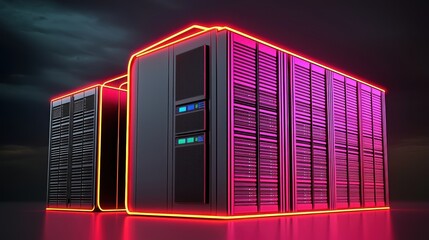 Futuristic server room with glowing neon lights in a dark environment.
