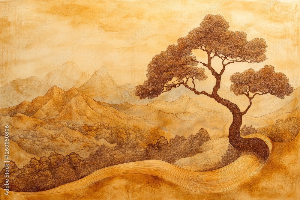 Poster artwork depicts a serene landscape with a distinctive tree flowing along a winding path in warm hues