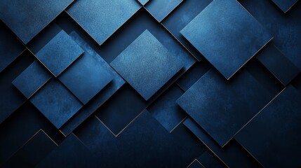 Naklejka premium Simple Blue triangles and squares on a dark background. Geometric design for banner template with white space in the center for text. Minimalist wallpaper with copy space.