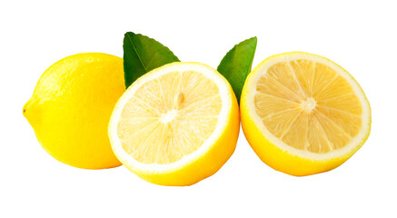 Front view and side view of yellow lemon fruit with two halves and green leaves in stack isolated with clipping path in png file format
