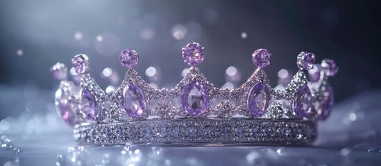 Lavish silver crown adorned with purple gems, positioned center in soft light, sparkling against a dark blurred background with glimmering effects.