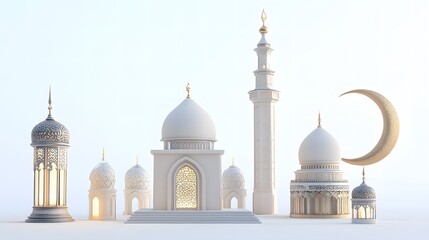 Obraz premium 3D illustration of a mosque with a modern design in white and gold, combined with a crescent moon and Ramadan lanterns, suitable as a design element for wallpaper, banners, posters and Eid al-Fitr soc