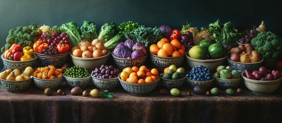 Colorful assortment of bowls filled with vibrant fruits and vegetables on a rustic table, featuring greens, purples, oranges, and blues.