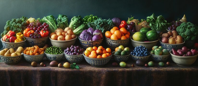 Naklejki Colorful assortment of bowls filled with vibrant fruits and vegetables on a rustic table, featuring greens, purples, oranges, and blues.