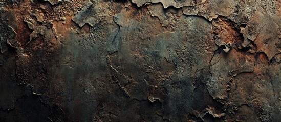 Rustic textured surface with dark brown and green hues, displaying intricate cracks and layers, creating a weathered industrial backdrop.