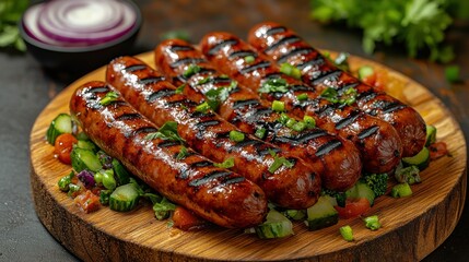 Grilled sausages, vegetables, kitchen, food photography, recipe