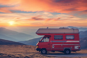 Holiday trip on large family motorhome for holiday in beautiful natural nature, abstract vivid composition consists of fictional unreal fantastic vision on background