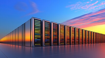 Obraz premium Data center with server racks illuminated by a colorful sunset sky.