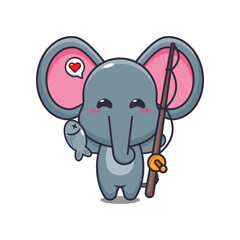 Cute elephant catching fish with fishing rod cartoon vector illustration