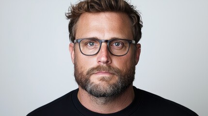 Obraz premium Man, serious expression, glasses, studio portrait, grey background, headshot, profile image