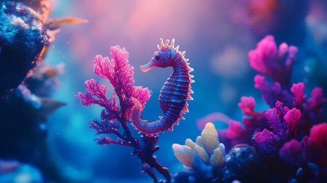 A vibrant seahorse gracefully clings to a coral branch in a radiant underwater scene.