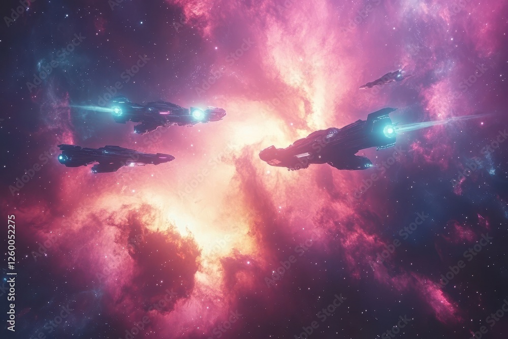 Poster spaceships navigate through a vibrant and colorful nebula backdrop