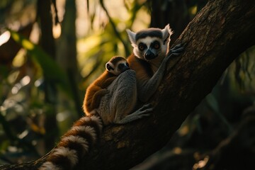 Ring-tailed lemur mother cradles her baby on a tree branch in a lush forest.