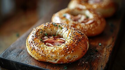 Ham rolls, bakery, wood board, close-up, breakfast