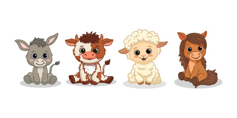 Set of cartoon cute animals isolated on white. Cow, sheep, horse, donkey. Funny farm animals for magazines, postcards. Vector illustration
