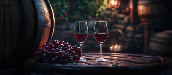 Cozy rustic table with two red wine glasses placed elegantly beside a cluster of dark grapes evoking warmth and inviting conversation in dim lighting.