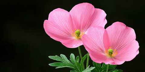 Fototapeta premium Beautiful pink flowers with green leaves against dark background