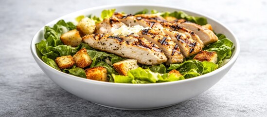 Grilled chicken Caesar salad in a white bowl.