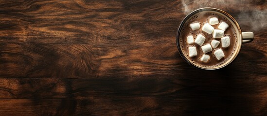 Steaming hot chocolate cup topped with fluffy marshmallows on dark wooden table viewed from above with warm earthy tones and inviting ambiance