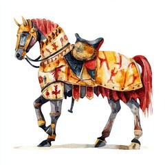 Obraz premium Noble Warhorse in Medieval Armor - Watercolor Art with Bold Strokes