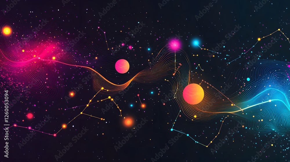 Poster colorful constellation map with planets and nebulas in deep space