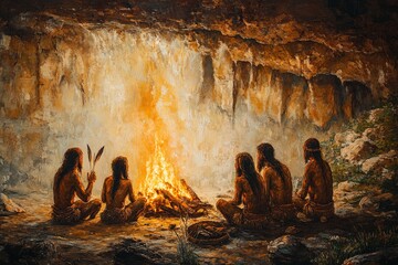 Gathering around the fire as night falls in a prehistoric cave setting, showcasing a moment of community and warmth among early humans