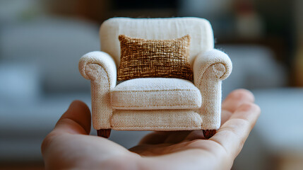 A small white and brown fabric chair being held in the palm of hand