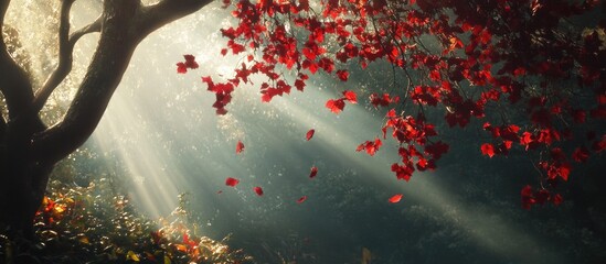Autumn forest scene with vibrant red leaves on branches illuminated by soft sunlight with golden rays filtering through creating a serene atmosphere