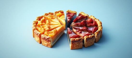 Colorful pie chart with orange and red segments on a light blue background, illustrating various portions of fruit pies, detailed labels visible.