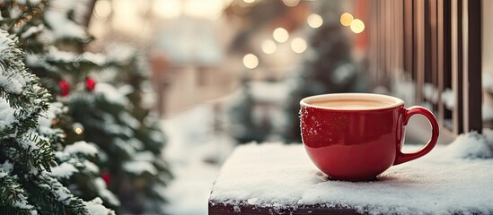Red coffee cup on snowy ledge with blurred festive background featuring green trees and soft bokeh lights creating a warm winter ambiance.