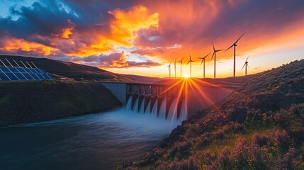 Obraz premium Sunset over hydroelectric dam & wind turbines