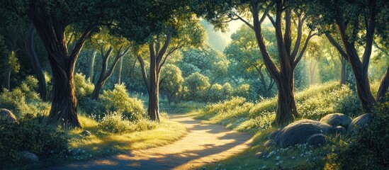 Serene forest path illuminated by soft morning sunlight through lush green trees and vibrant foliage creating a tranquil natural scene