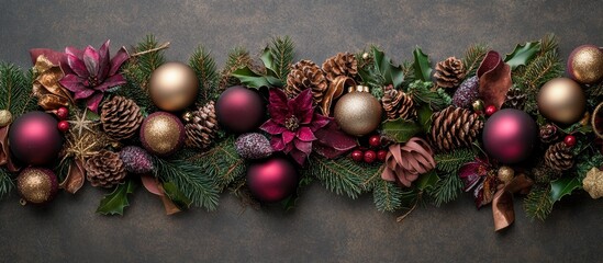Christmas flatlay featuring deep maroon and gold baubles, pine cones, and festive greenery on a textured dark surface with space for text.