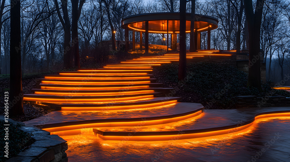 Poster A serene pathway illuminated by warm lights leads to a circular structure amidst trees, creating a tranquil evening atmosphere