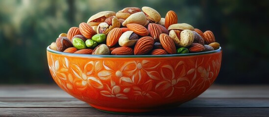 Vibrant orange ceramic bowl overflowing with assorted nuts including almonds and pistachios on a rustic wooden surface with blurred background.