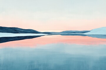 Naklejka premium Serene landscape reflecting muted hues along a calm lake at dawn