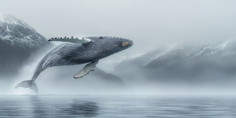 Obraz premium humpback whale breaching ocean surface, surrounded by misty mountains, creates breathtaking scene of nature beauty and power
