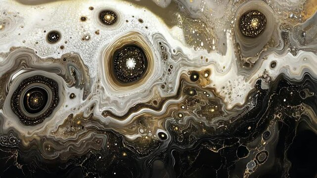 Abstract cosmic artwork featuring swirling patterns and contrasting colors in a celestial theme