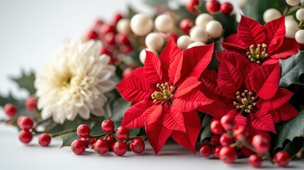 Seasonal bouquet featuring red poinsettias and white carnations on white background