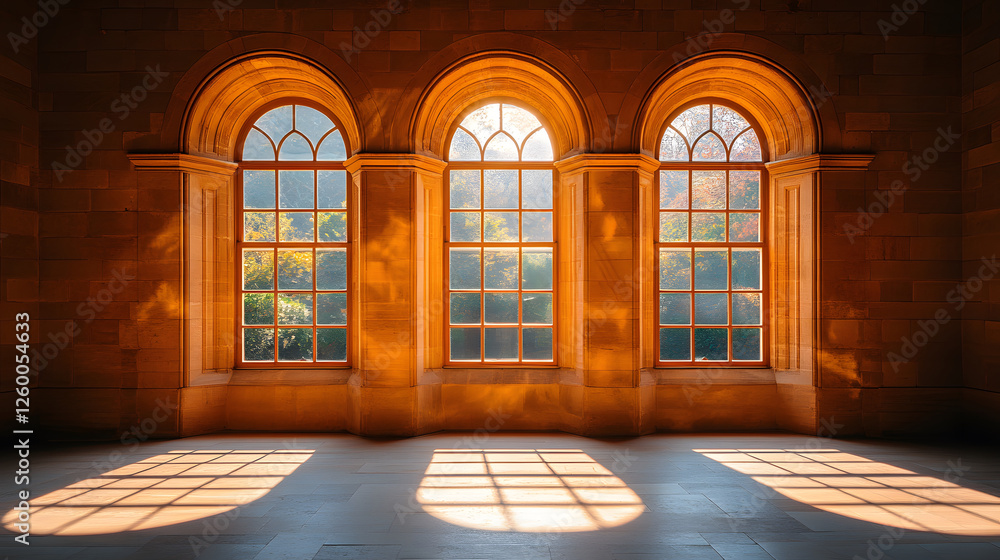 Poster a sunlit room with three arched windows casting shadows on the floor, creating a warm and inviting a